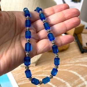 Swarovski Capri Blue Bead Choker Necklace 1970’s beads Stainless Steel 16”💙